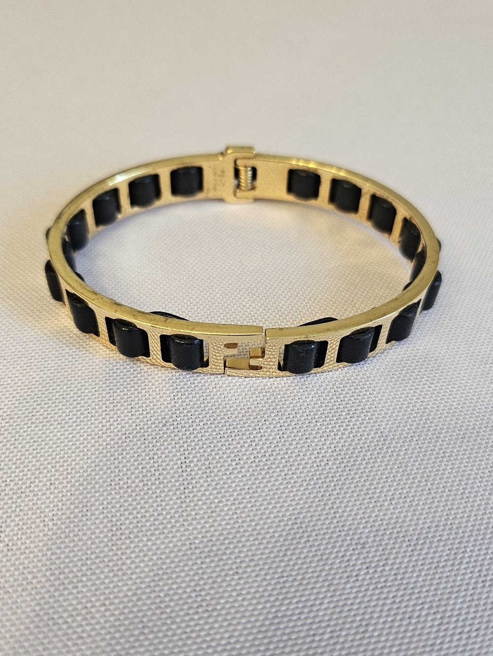 Fendi Gold Tone Black Leather FF Logo Hinged Bangle Bracelet w/ Box